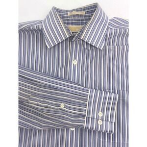 Michael Kors Mens Blue White Striped Regular Fit Cotton Dress Shirt 16.5 34/35 L